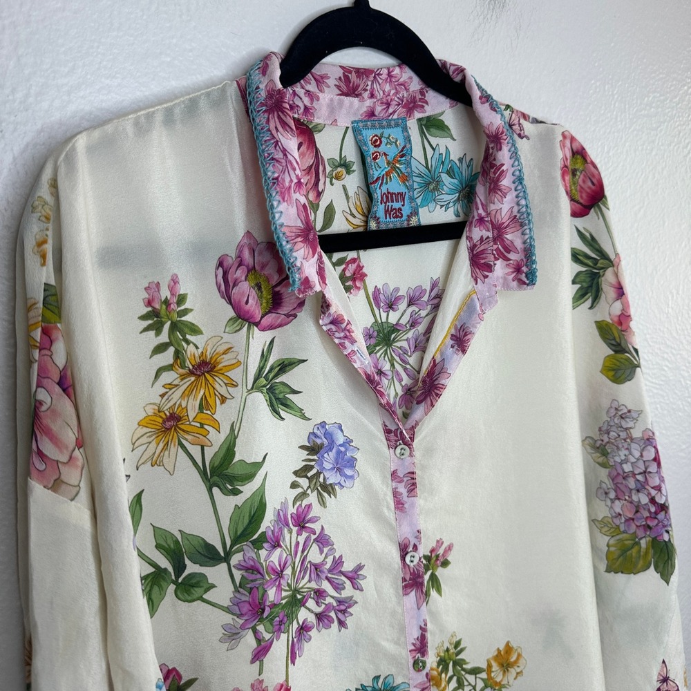 Johnny Was Wilton Silk Button Down Blouse Floral Top Cream Size XL - Picture 5 of 7